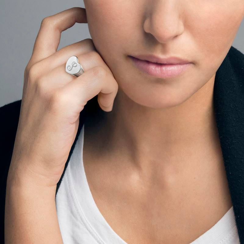 Heart Shaped Silver Signet Ring with Initial - Image 3